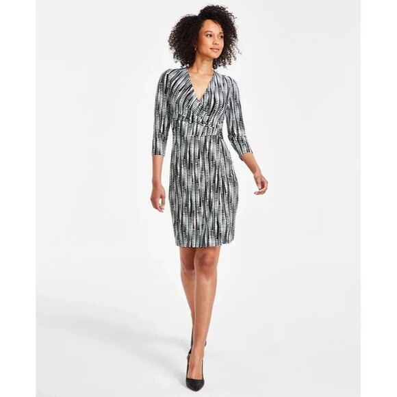 Kasper Women's 3/4-sleeves Printed Wrap-Style Dress Black Sea Glass Multi L - Picture 1 of 9